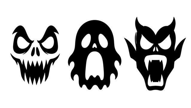 Set of black spooky skull ghost and vampire face silhouettes