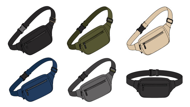 Set of crossbody waist bags in multiple colors on white