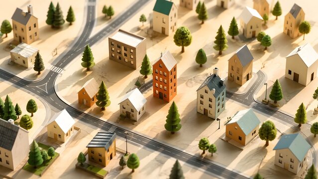 Miniature wooden town model with houses and roads representing real estate development urban planning and community architecture concept