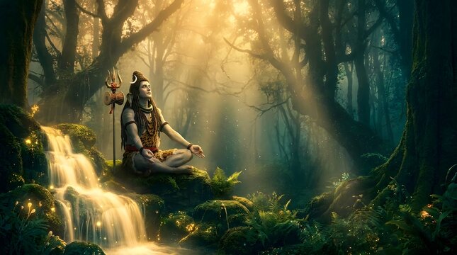 Lord Shiva Mahadev Sitting and meditating in sacred Forest, made by Ai