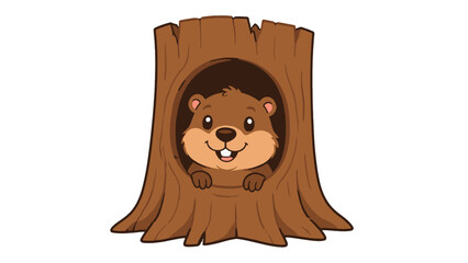 Cute beaver peeking from a hollow tree stump illustration