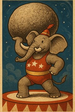 Retro circus poster featuring a mighty elephant holding a giant rock overhead