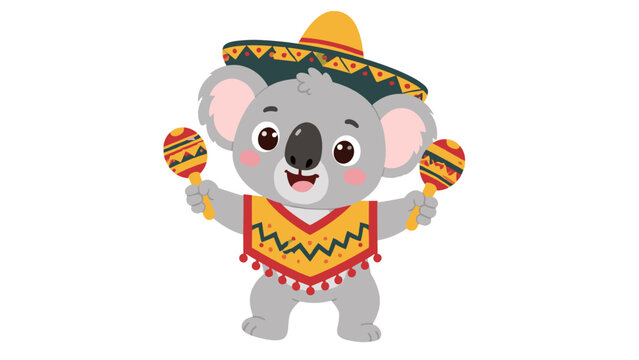 Cute koala cartoon wearing sombrero and holding maracas