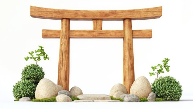 3D rendering of a simple Japanese torii gate, in a cartoon style with simple geometric shapes on a white background.