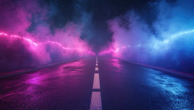3D rendering of an empty asphalt road with neon lights and a smoky background. An abstract night scene with blue and pink light rays