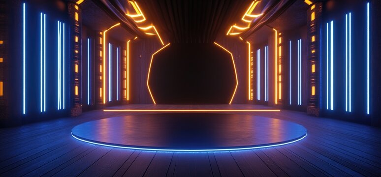 3D rendering of an empty circular stage with blue and yellow neon lights on a dark background, a futuristic geometric abstract scene, an empty room with a wood floor