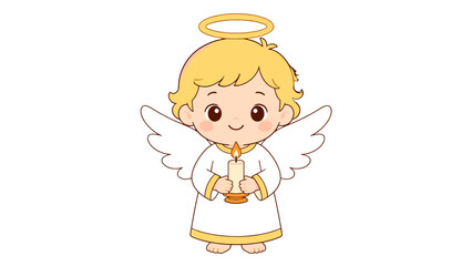 Cute blond angel cartoon holding a lit candle on white