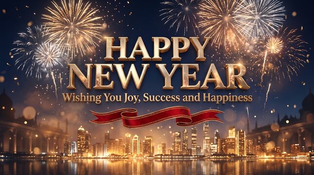 Happy new year 2027 greeting card with beautiful fireworks over a night city