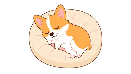 Cute sleeping corgi puppy curled up on a round pet bed