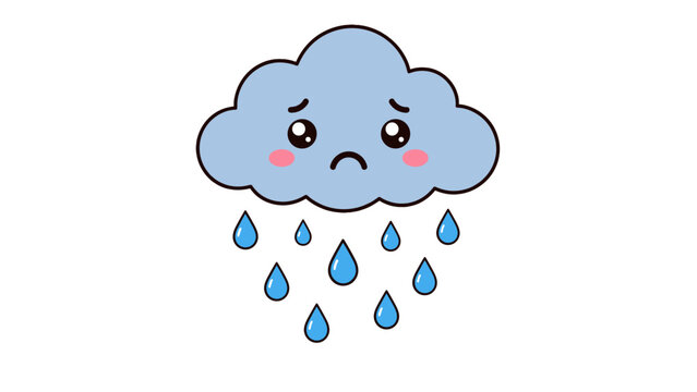 Cute sad blue rain cloud cartoon with falling raindrops