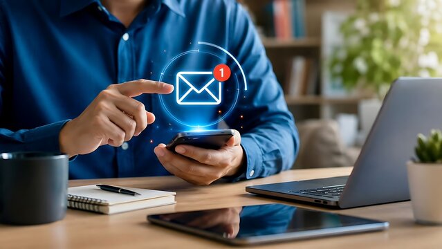 Close up of businessman hand using smartphone with new email notification icon. Digital marketing, communication, and online messaging concept.