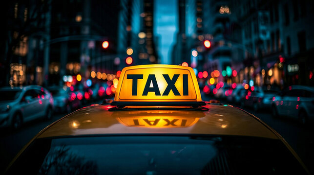 City Taxi at Night: A classic yellow taxi with its illuminated TAXI sign glows in the vibrant urban night, reflecting the blurred lights of passing cars and towering city buildings.