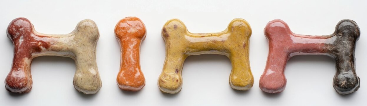 6 dog treats in the shape of bones, each one is a different color and texture, on a white background