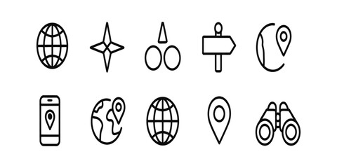 Set of essential map navigation and geography icons featuring globes binoculars location pointers and direction signs for digital mapping applications and tourism interface tools. © Mdshohag