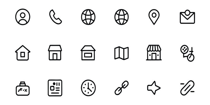 Universal web and navigation line icons featuring home buttons phone contact maps world globes shopping store fronts and email symbols for website and mobile app design layouts.