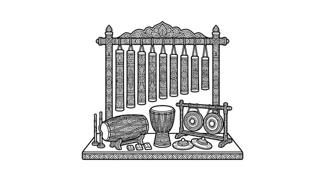 Collection of Indonesian gamelan gongs and drums