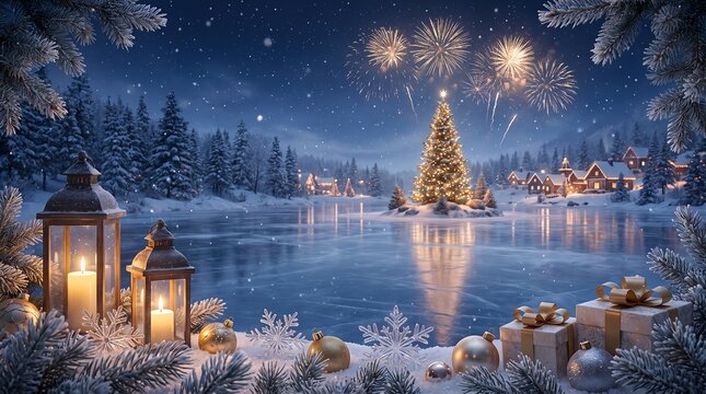 Festive new year celebration in alpine resort with fireworks and Christmas trees