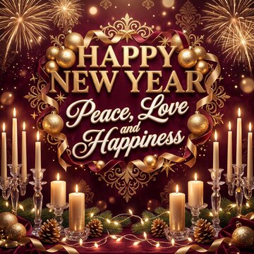 Happy new year greeting card with golden text, candles and ornaments on red silk