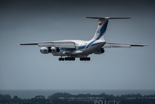 SEMARANG, INDONESIA - MARCH 23: An Ilyushin Il-76 cargo aircraft, operated by Volga-Dnepr, lands at Semarang's Ahmad Yani International Airport.