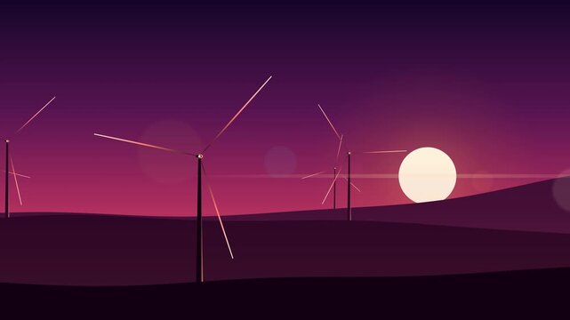 Wind turbines spin in a Spanish landscape during a vibrant sunset