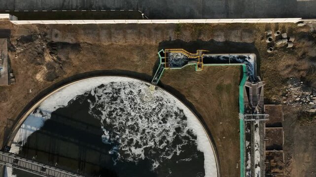 Aerial view wastewater treatment plant. Circular sedimentation tanks biological reactor, Water cleaning facility wastewater treatment plant, Recirculation solid contact clarifier sedimentation tank.
