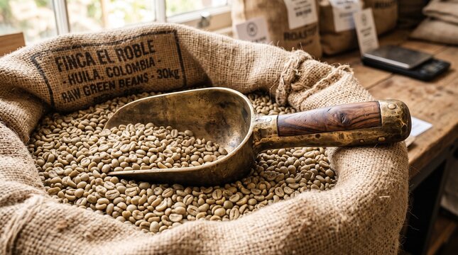 Raw unroasted green coffee beans in burlap sack with metal scoop.