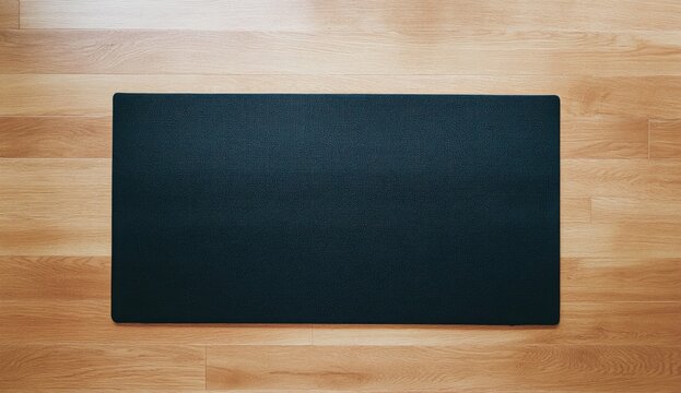 A black yoga mat is laid out on the floor, photographed from above at an angle of about three-quarters