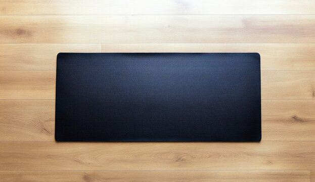 A black yoga mat is laid out on the floor, photographed from above at an angle of about three-quarters