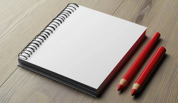 A blank notebook and a pencil sit on the table, ready for writing or sketching. The spiral-bound notebook has clean, white paper with no lines drawn yet