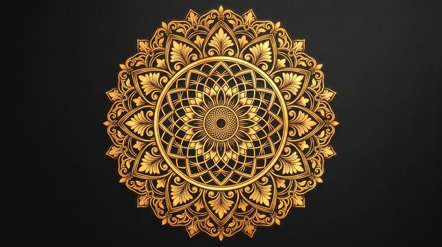 Golden luxury mandala with intricate floral patterns, ornate gold circular ornament on black background, elegant decorative mandala for wedding invitations