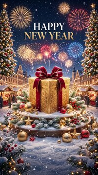 Happy new year greeting banner with golden gift box and fireworks in snowy town