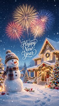 Happy new year banner with smiling snowman, wrapped presents and fireworks in winter town