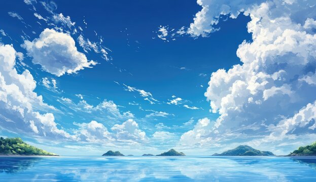 A blue sky with white clouds over the sea, with islands in sight. The sea is calm and clear, without waves or ripples.