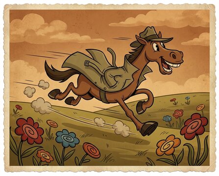Retro style artwork of an excited horse character running freely across open countryside