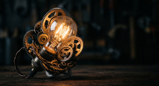 Conceptual business photo of a glowing light bulb intertwined with
gears