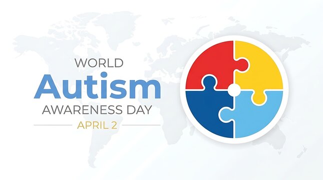 World Autism Awareness Day celebration with colorful puzzle heart. Inclusive global event promoting neurodiversity and support symbols.