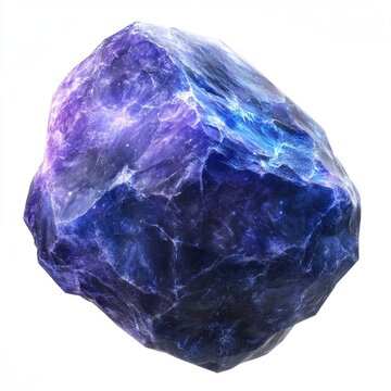 A blue-purple rock, floating in space, in an iconic style, against a white background