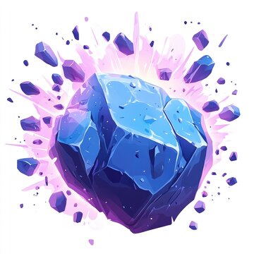 A blue-purple rock, floating in space, in an iconic style, against a white background