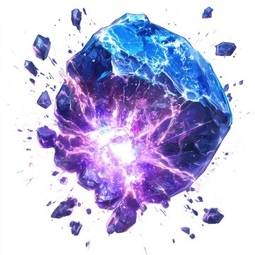 A blue-purple rock, floating in space, in an iconic style, against a white background