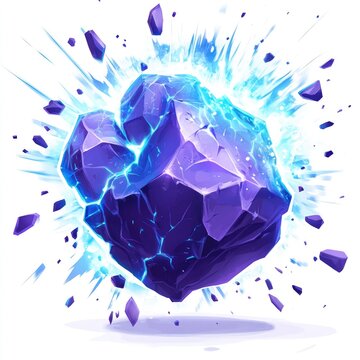 A blue-purple rock, floating in space, in an iconic style, against a white background