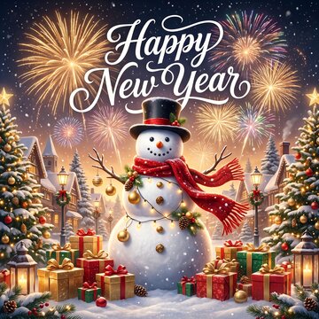 Happy new year banner with smiling snowman, wrapped presents and fireworks in winter town