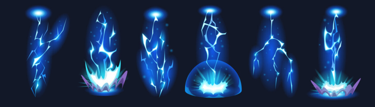 Comic thunder effect with dynamic energy bolts in manga style. Cartoon anime power background with lightning and electric burst elements. Explosion with magic thunderstorm and impact lines.