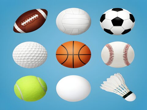 Collection of nine sports balls and shuttlecock for game and competition, isolated on blue background