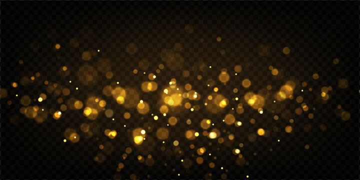 Gold bokeh shimmer with magical light effects, glitter dust and star particles. Golden sparkle glow with festive confetti texture for holiday celebration. Abstract overlay with bright flare design.