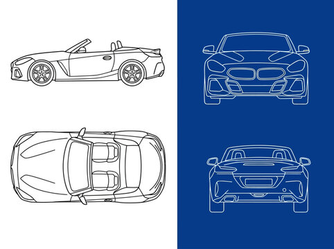 Modern Convertible Sports Car Blueprint Set with Side, Front, Top, and Rear View Line Art Drawing