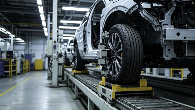 Automated system mounting wheels on car chassis at factory s