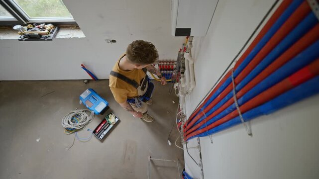 Young adult Caucasian male plumber adjusting underfloor heating manifold valves and checking control panel during home renovation. Ideal for professional plumbing service advertisements