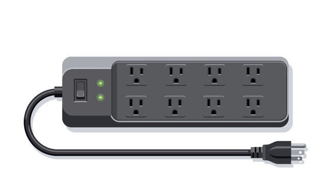 Vector illustration of a modern black electrical power strip surge protector with multiple outlets and switch on white background