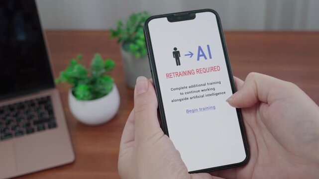 User holds a smartphone displaying an AI retraining required message with begin training button in a modern desk workspace.