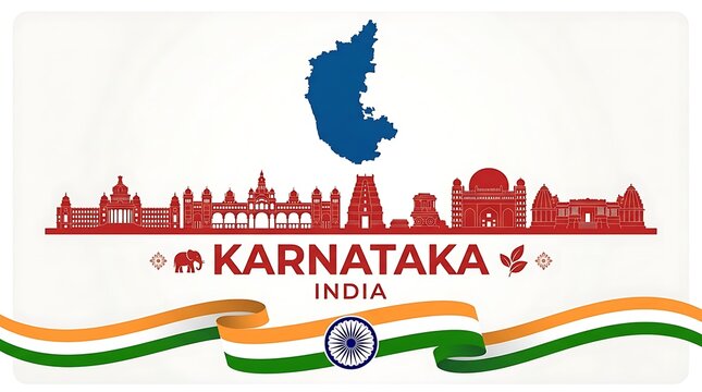 Karnataka india state map and landmarks silhouette illustration with flag